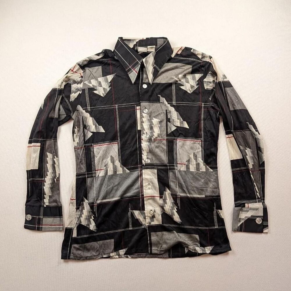 Vintage 70s Marcel of Paris Geometric Disco Dagger Coller Button Up Party Shirt